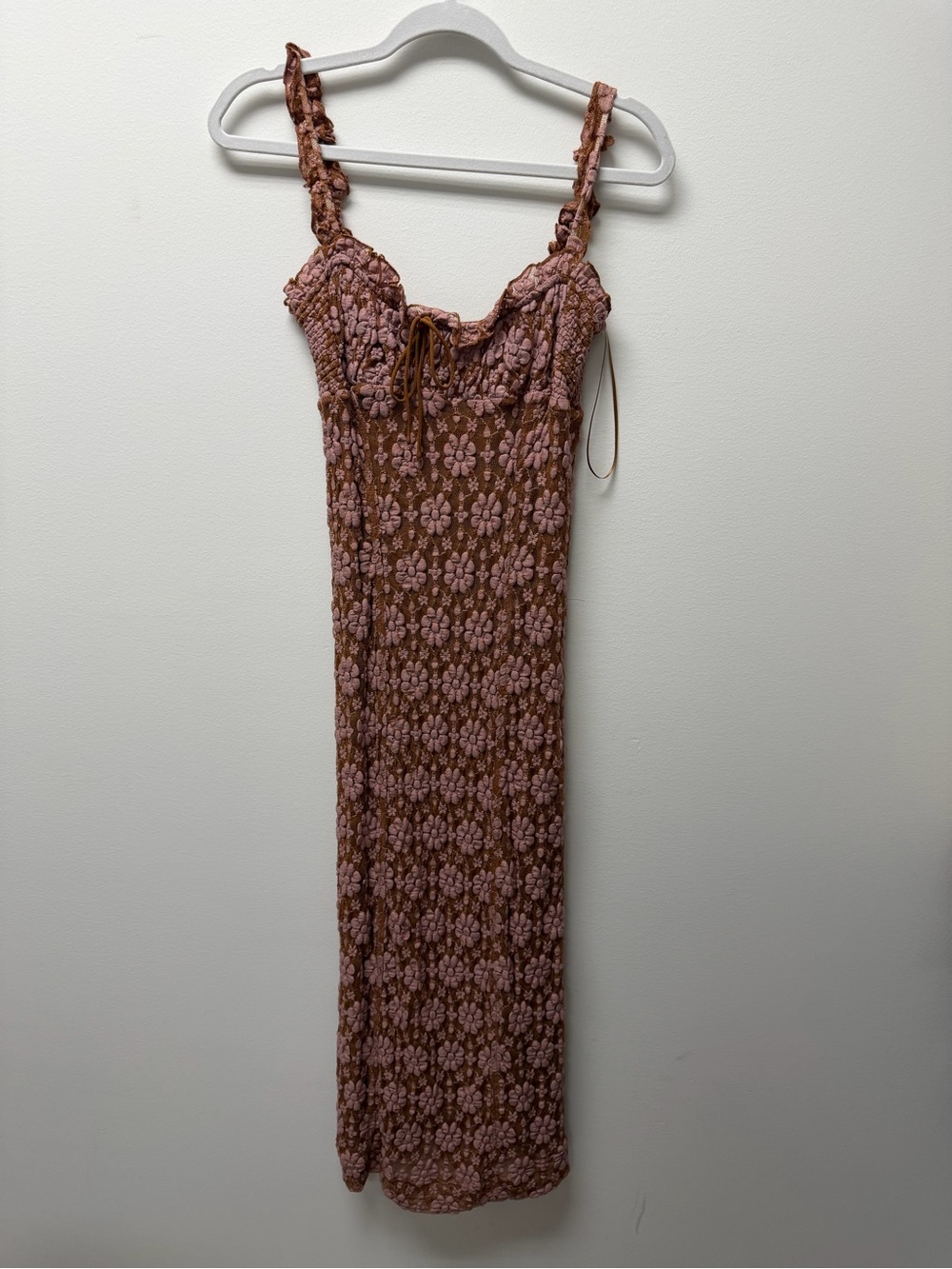 Free People Pink and Brown Smocked Floral Midi Dress